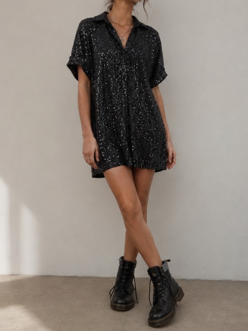 Every Sequin Black Collared Button Down Mini Party Cocktail Grunge Shirt Dress